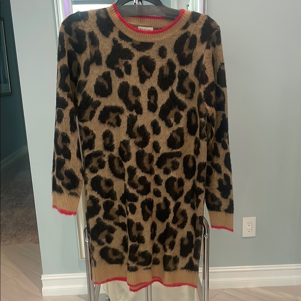 Lily White Long Sleeve Leopard Print Sweater Dress in Brown and Black